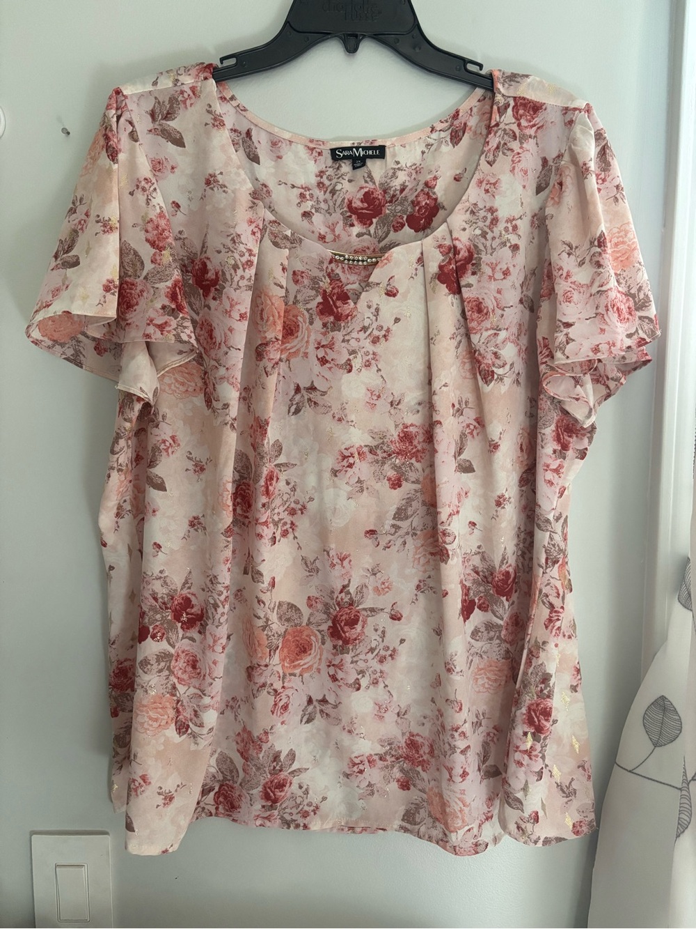 Sara Michelle Pink Floral Feminine Flowy Short Flutter Sleeve Blouse Size 2XL